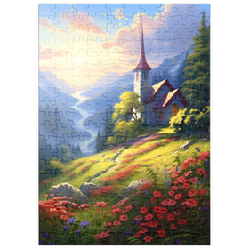 Darstellung des Puzzle Motivs Bergkapelle in Mitten einer farbenfroher Wiese - Puzzleteile: 200