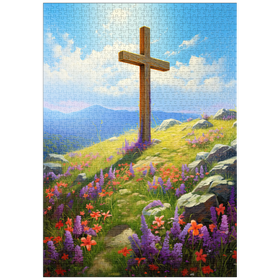 Darstellung des Puzzle-Motivs Kreuz auf dem Hügel mit Wildblumenblüte – Puzzleteile: 1000