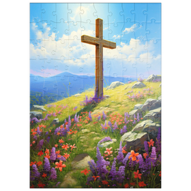Darstellung des Puzzle Motivs Kreuz auf dem Hügel mit Wildblumenblüte - Puzzleteile: 100