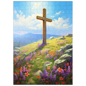 Darstellung des Puzzle Motivs Kreuz auf dem Hügel mit Wildblumenblüte - Puzzleteile: 200