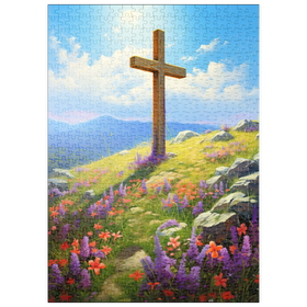 Darstellung des Puzzle Motivs Kreuz auf dem Hügel mit Wildblumenblüte - Puzzleteile: 500