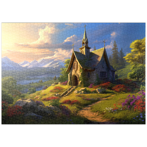 Darstellung des Puzzle Motivs Charmante Steinkapelle im Bergtal puzzleplate Charming Stone Chapel in Mountain Valley 1000 Puzzle