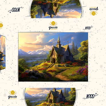 Darstellung des Puzzle Motivs Charming Stone Chapel in Mountain Valley 1000 Puzzle Schachtel 3D Modell