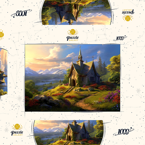 Darstellung des Puzzle Motivs Charmante Steinkapelle im Bergtal Charming Stone Chapel in Mountain Valley 1000 Puzzle Schachtel 3D Modell