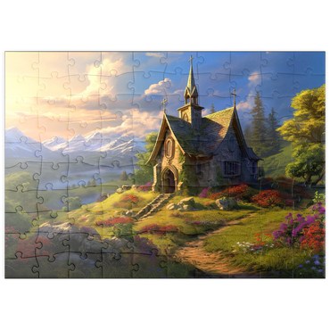 Darstellung des Puzzle Motivs puzzleplate Charming Stone Chapel in Mountain Valley 100 Puzzle