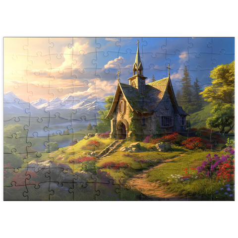 Darstellung des Puzzle Motivs Charmante Steinkapelle im Bergtal puzzleplate Charming Stone Chapel in Mountain Valley 100 Puzzle