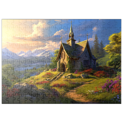 Darstellung des Puzzle Motivs Charmante Steinkapelle im Bergtal puzzleplate Charming Stone Chapel in Mountain Valley 200 Puzzle