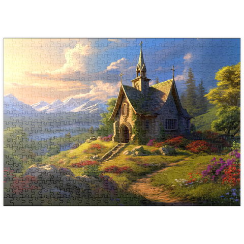 Darstellung des Puzzle Motivs Charmante Steinkapelle im Bergtal puzzleplate Charming Stone Chapel in Mountain Valley 500 Puzzle