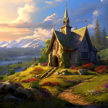 Darstellung des Puzzle Motivs Charming Stone Chapel in Mountain Valley 500 Puzzle 3D Modell
