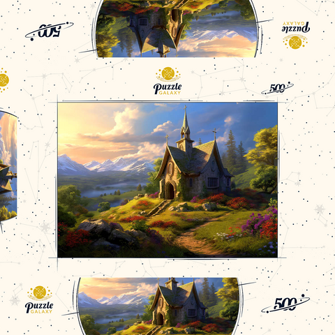 Darstellung des Puzzle Motivs Charmante Steinkapelle im Bergtal Charming Stone Chapel in Mountain Valley 500 Puzzle Schachtel 3D Modell