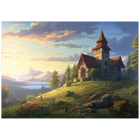 Darstellung des Puzzle-Motivs Kapelle am Hang mit Sonnenuntergang in den Bergen – Puzzleteile: 1000