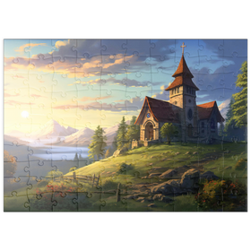 Darstellung des Puzzle Motivs Kapelle am Hang mit Sonnenuntergang in den Bergen - Puzzleteile: 100