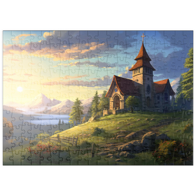 Darstellung des Puzzle Motivs Kapelle am Hang mit Sonnenuntergang in den Bergen - Puzzleteile: 200