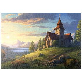 Darstellung des Puzzle Motivs Kapelle am Hang mit Sonnenuntergang in den Bergen - Puzzleteile: 500