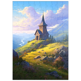 Darstellung des Puzzle Motivs Bergkapelle mit Blick auf den sich windenden Fluss - Puzzleteile: 100