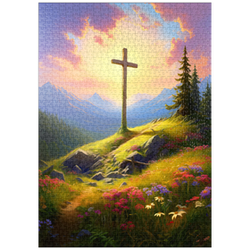 Darstellung des Puzzle-Motivs Strahlendes Kreuz auf der Bergwiese – Puzzleteile: 1000