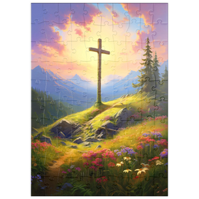 Darstellung des Puzzle Motivs Strahlendes Kreuz auf der Bergwiese - Puzzleteile: 100