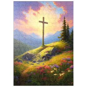Darstellung des Puzzle Motivs Strahlendes Kreuz auf der Bergwiese - Puzzleteile: 200