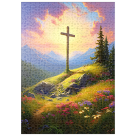 Darstellung des Puzzle Motivs Strahlendes Kreuz auf der Bergwiese - Puzzleteile: 500