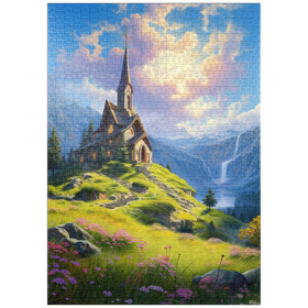 Darstellung des Puzzle-Motivs Kapelle auf einem sonnenbeschienenen Berg – Puzzleteile: 1000