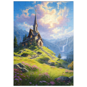 Darstellung des Puzzle Motivs Kapelle auf einem sonnenbeschienenen Berg - Puzzleteile: 100