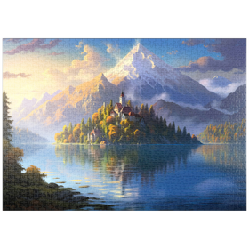 Darstellung des Puzzle-Motivs Insel Bledsee und Alpengipfel – Puzzleteile: 1000