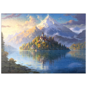 Darstellung des Puzzle Motivs Insel Bledsee und Alpengipfel - Puzzleteile: 100