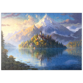 Darstellung des Puzzle Motivs Insel Bledsee und Alpengipfel - Puzzleteile: 200