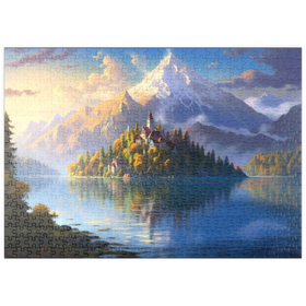 Darstellung des Puzzle Motivs Insel Bledsee und Alpengipfel - Puzzleteile: 500