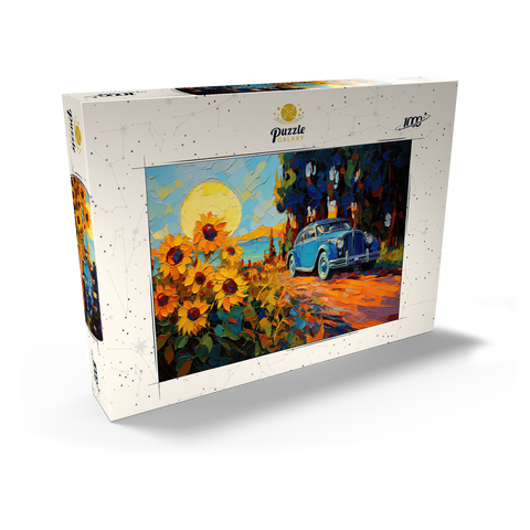 Darstellung des Puzzle Motivs Oldtimer und Sonnenblumenfeld Sonnenuntergang Vintage Car and Sunflower Field Sunset 1000 Puzzle Schachtel Ansicht2