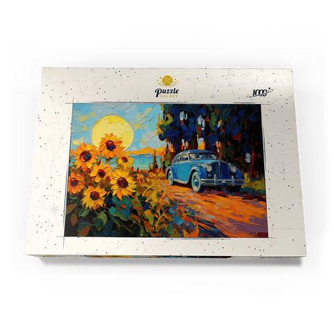 Darstellung des Puzzle Motivs Oldtimer und Sonnenblumenfeld Sonnenuntergang Vintage Car and Sunflower Field Sunset 1000 Puzzle Schachtel Ansicht3