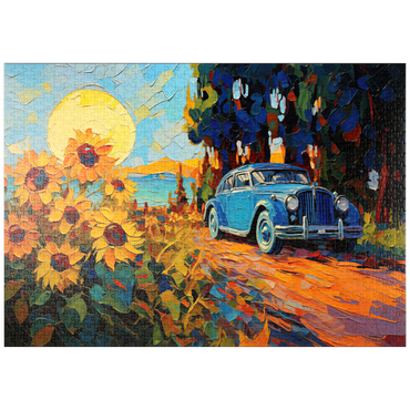 Darstellung des Puzzle Motivs puzzleplate Vintage Car and Sunflower Field Sunset 1000 Puzzle