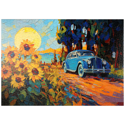 Darstellung des Puzzle Motivs Oldtimer und Sonnenblumenfeld Sonnenuntergang puzzleplate Vintage Car and Sunflower Field Sunset 1000 Puzzle