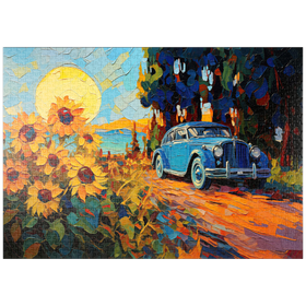 Darstellung des Puzzle Motivs Oldtimer und Sonnenblumenfeld Sonnenuntergang - Puzzleteile: 1000