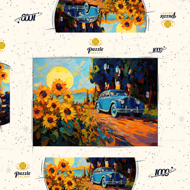 Darstellung des Puzzle Motivs Vintage Car and Sunflower Field Sunset 1000 Puzzle Schachtel 3D Modell