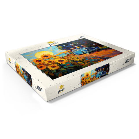 Darstellung des Puzzle Motivs Oldtimer und Sonnenblumenfeld Sonnenuntergang Vintage Car and Sunflower Field Sunset 100 Puzzle Schachtel Ansicht1