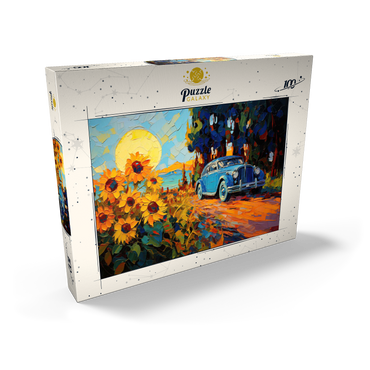 Darstellung des Puzzle Motivs Vintage Car and Sunflower Field Sunset 100 Puzzle Schachtel Ansicht2