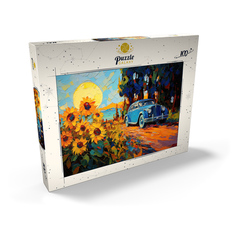 Darstellung des Puzzle Motivs Oldtimer und Sonnenblumenfeld Sonnenuntergang Vintage Car and Sunflower Field Sunset 100 Puzzle Schachtel Ansicht2