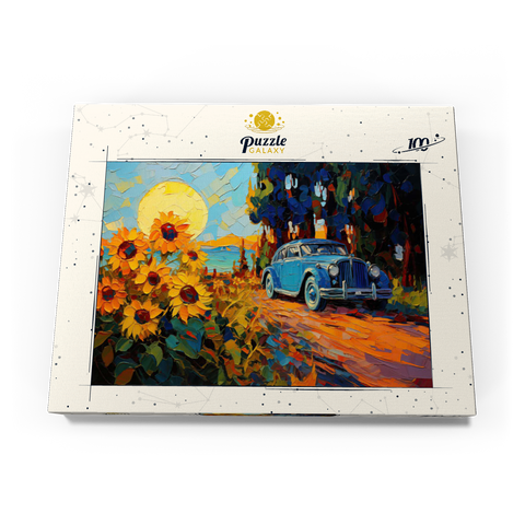 Darstellung des Puzzle Motivs Oldtimer und Sonnenblumenfeld Sonnenuntergang Vintage Car and Sunflower Field Sunset 100 Puzzle Schachtel Ansicht3