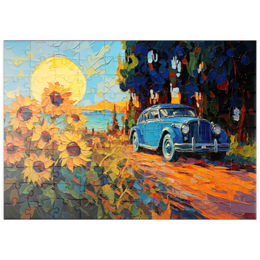 Darstellung des Puzzle Motivs puzzleplate Vintage Car and Sunflower Field Sunset 100 Puzzle