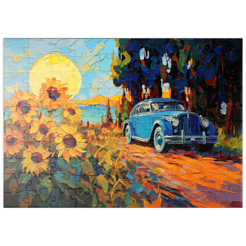 Darstellung des Puzzle Motivs Oldtimer und Sonnenblumenfeld Sonnenuntergang puzzleplate Vintage Car and Sunflower Field Sunset 100 Puzzle