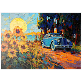 Darstellung des Puzzle Motivs Oldtimer und Sonnenblumenfeld Sonnenuntergang - Puzzleteile: 100
