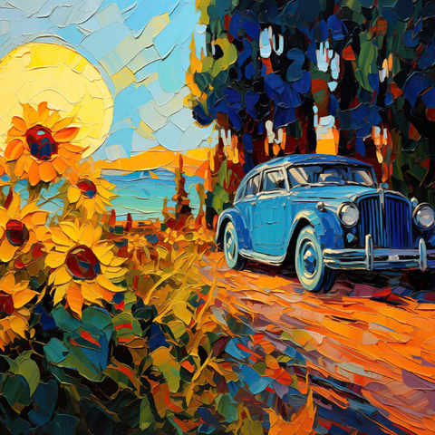 Darstellung des Puzzle Motivs Oldtimer und Sonnenblumenfeld Sonnenuntergang Vintage Car and Sunflower Field Sunset 100 Puzzle 3D Modell