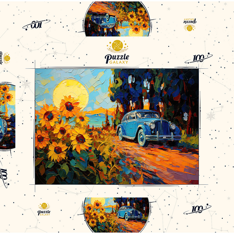 Darstellung des Puzzle Motivs Oldtimer und Sonnenblumenfeld Sonnenuntergang Vintage Car and Sunflower Field Sunset 100 Puzzle Schachtel 3D Modell