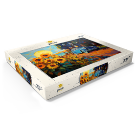 Darstellung des Puzzle Motivs Oldtimer und Sonnenblumenfeld Sonnenuntergang - Puzzleteile: 200