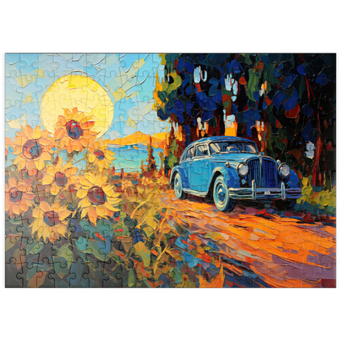 Darstellung des Puzzle Motivs Oldtimer und Sonnenblumenfeld Sonnenuntergang puzzleplate Vintage Car and Sunflower Field Sunset 200 Puzzle