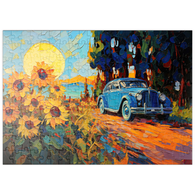 Darstellung des Puzzle Motivs Oldtimer und Sonnenblumenfeld Sonnenuntergang - Puzzleteile: 200