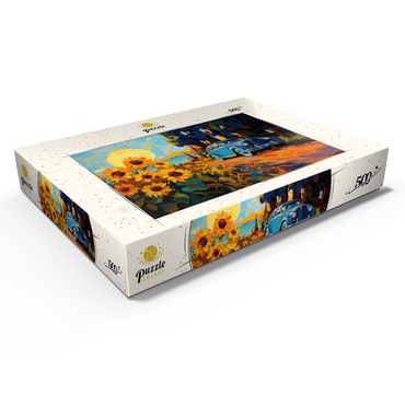 Darstellung des Puzzle Motivs Vintage Car and Sunflower Field Sunset 500 Puzzle Schachtel Ansicht1