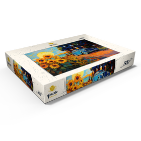 Darstellung des Puzzle Motivs Oldtimer und Sonnenblumenfeld Sonnenuntergang - Puzzleteile: 500