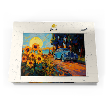 Darstellung des Puzzle Motivs Vintage Car and Sunflower Field Sunset 500 Puzzle Schachtel Ansicht3
